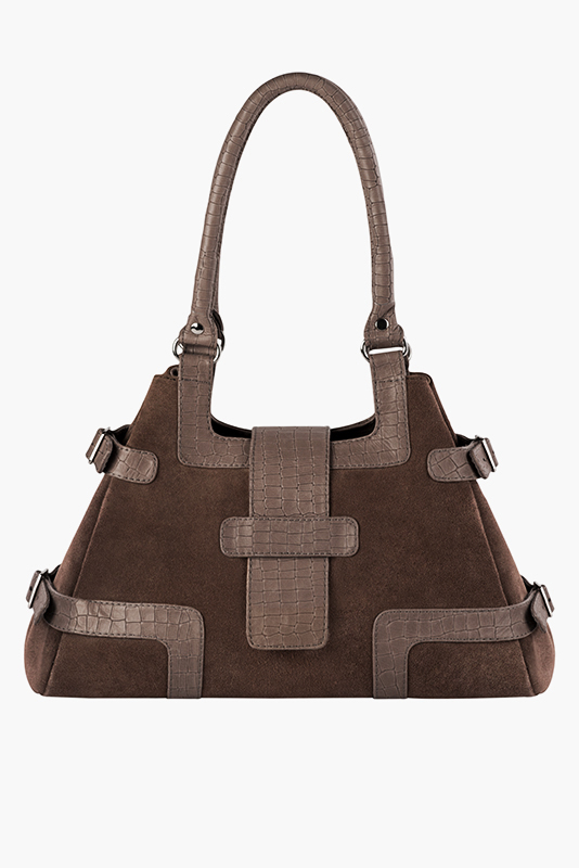 Dress large handbag in chocolate brown and bronze beige leather - Worn view